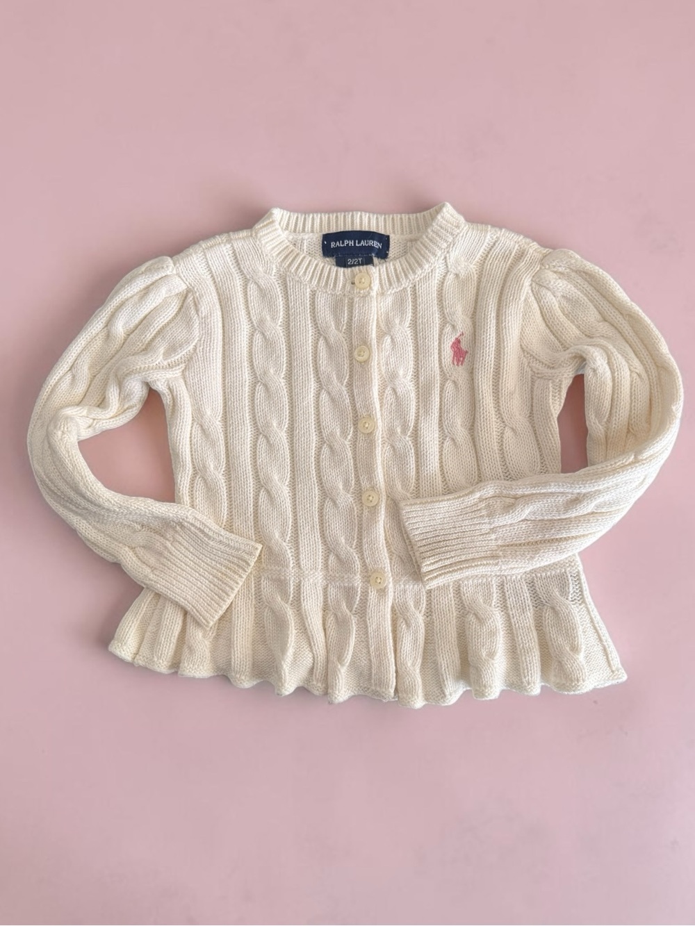 Ralph Lauren Cream Cable-Knit Peplum Cardigan with Pink Pony